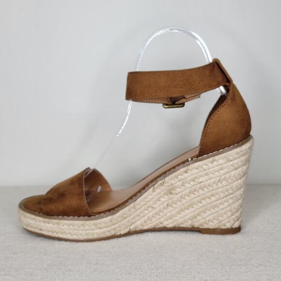 BANANA REPUBLIC Faux Suede Espadrille Wedge Open Toe Sandals sz 7 Cognac - Picture 6 of 11